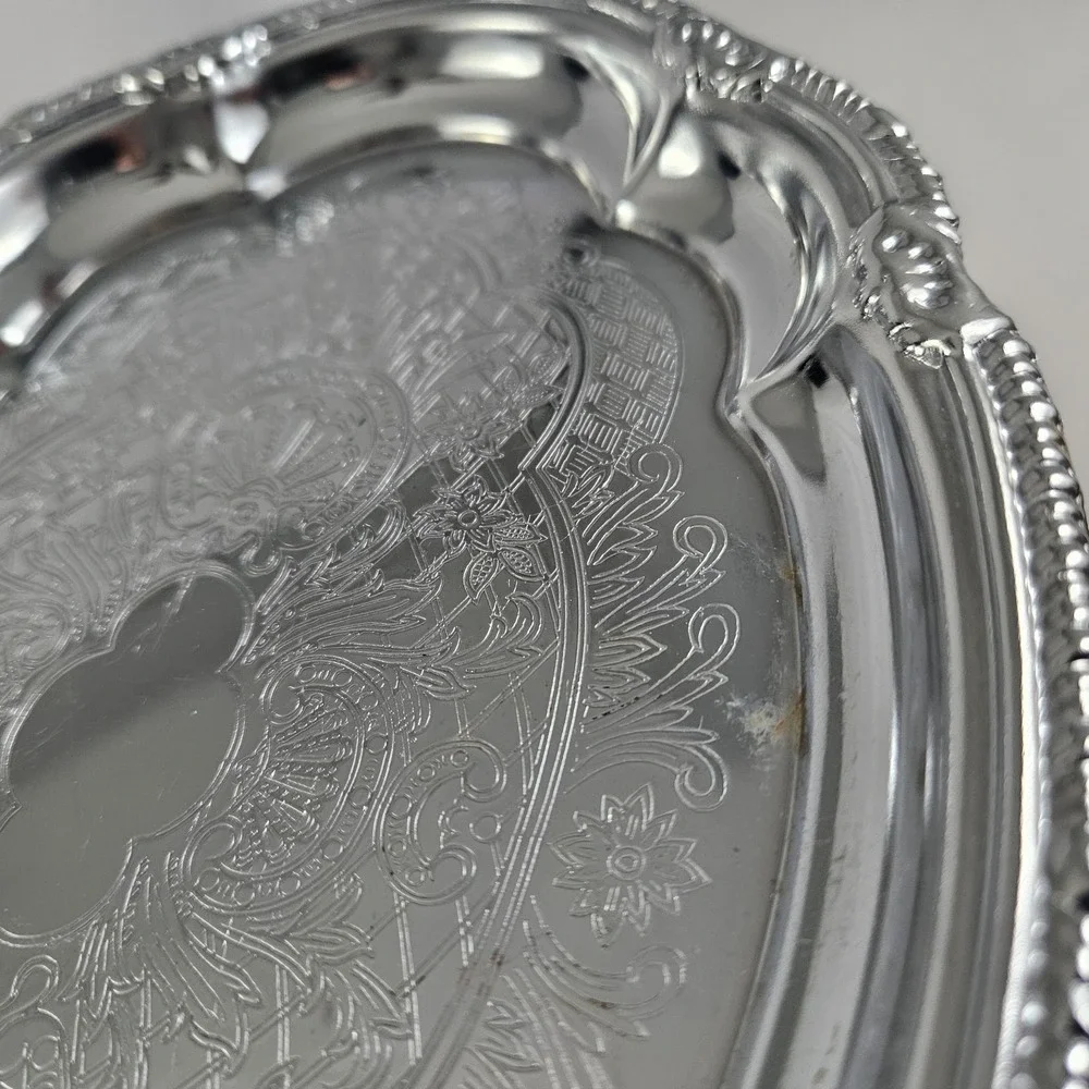 Vintage Silver Plate Card Serving Tray Trinket Jewelry Scalloped Edge Hong Kong